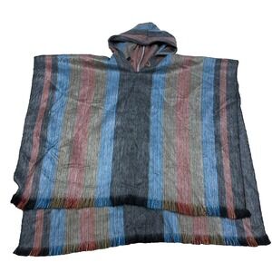 ALPACA Wool Hooded Fringed Poncho Pullover UNISEX Fall Layering OSFM